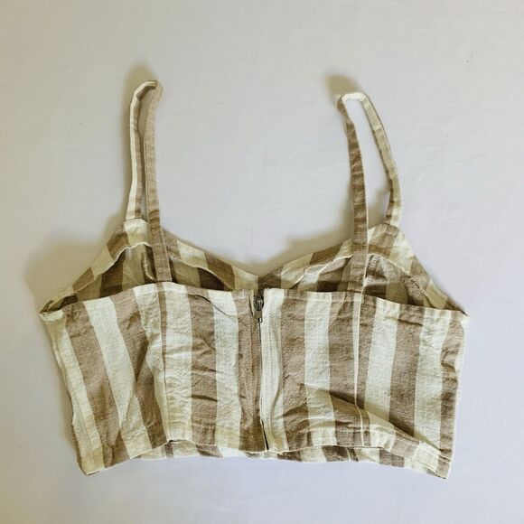 Windsor Linen Crop Top Women S Tan White Stripe Tank Coastal Beach Vacation - Picture 2 of 6